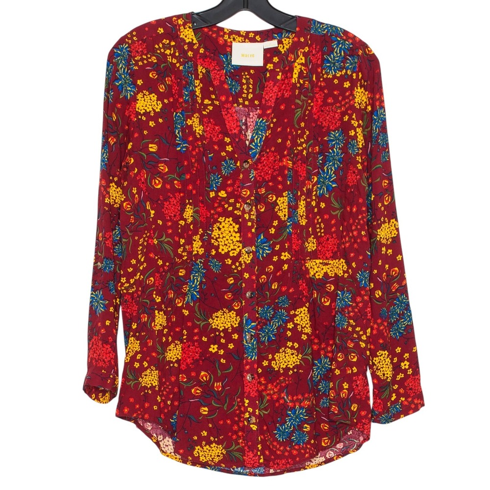 Maeve Floral Button Top Peasant Boho Romantic Cottagecore Artsy Retro Fall Red S